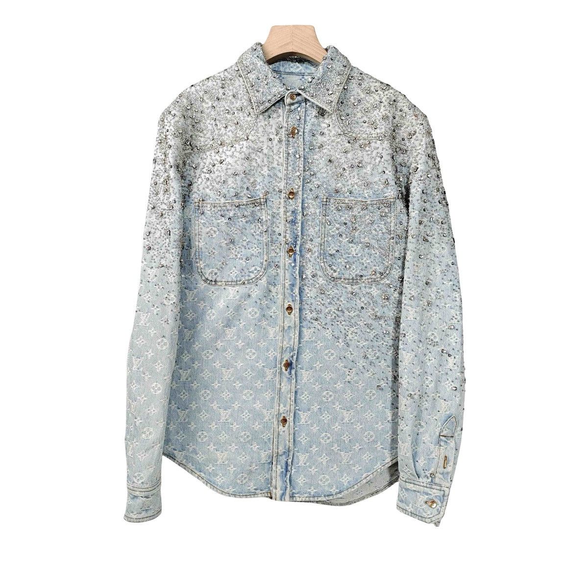 Louis Vuitton Made-to-Order Crystal-Embellished Monogram Denim Shirt Size US S / EU 44-46 / 1 - 1 Thumbnail