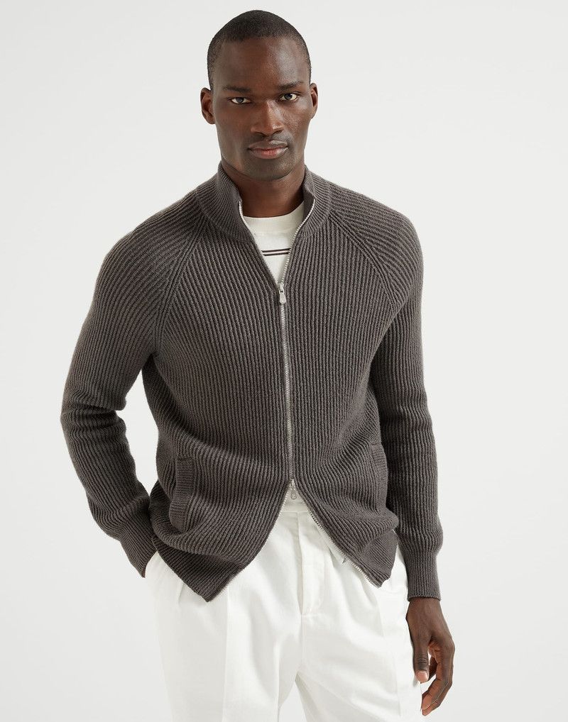 Brunello Cucinelli o1la1rc1a0326 English Rib Zip Cardigan in Dark Grey Size US L / EU 52-54 / 3 - 1 Thumbnail