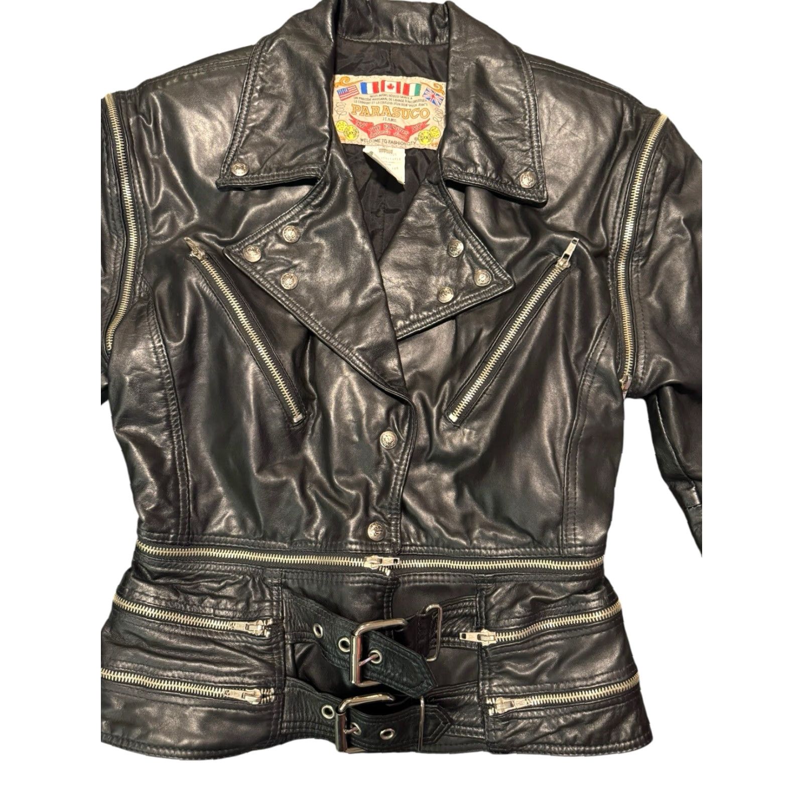 Parasuco VINTAGE Parasuco Leather Jacket Women's Black Moto Retro Jacket Short Classic Size L Size L / US 10 / IT 46 - 5 Thumbnail