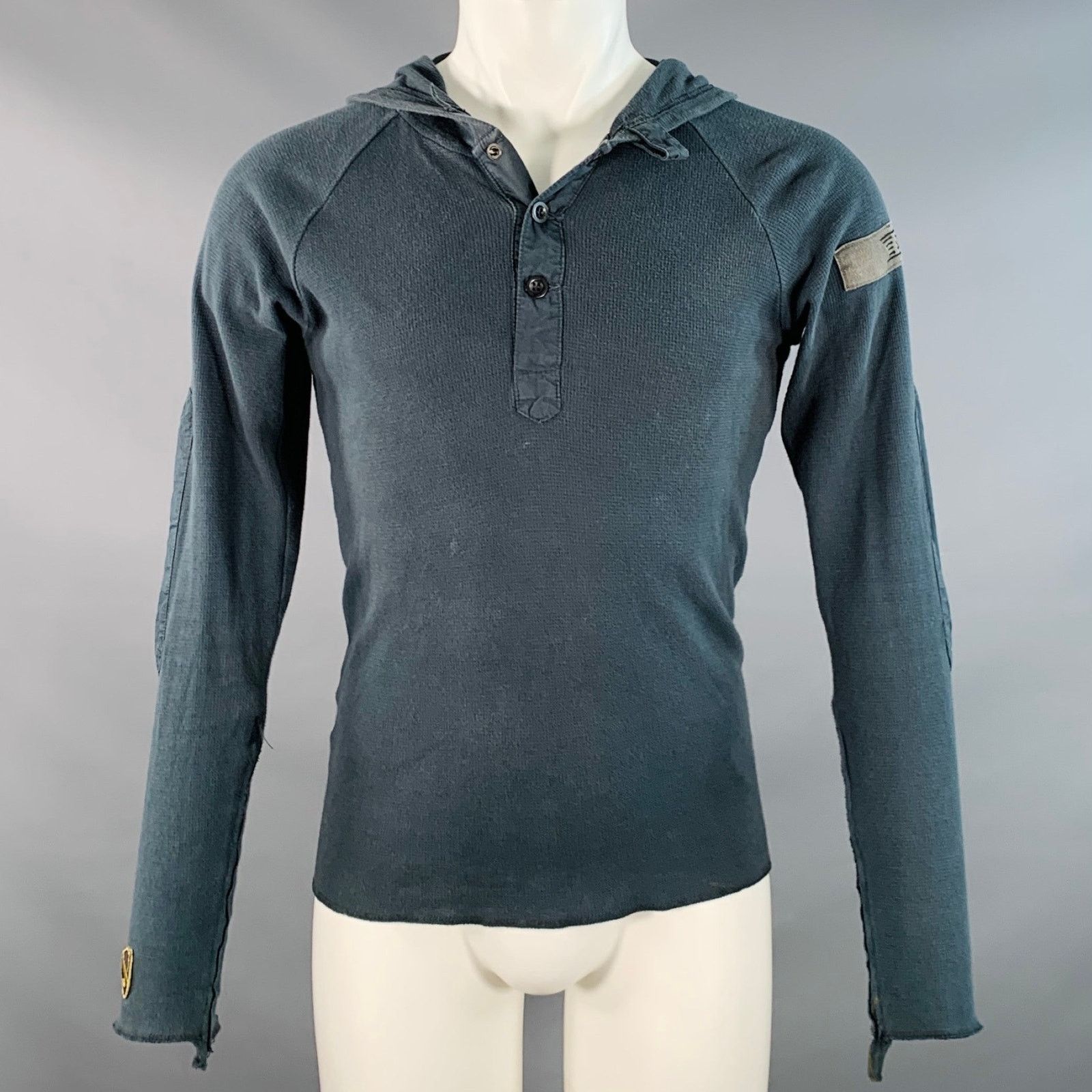 NICE COLLECTIVE M Green Waffle Knit Cotton Hoodie Sweatshirt