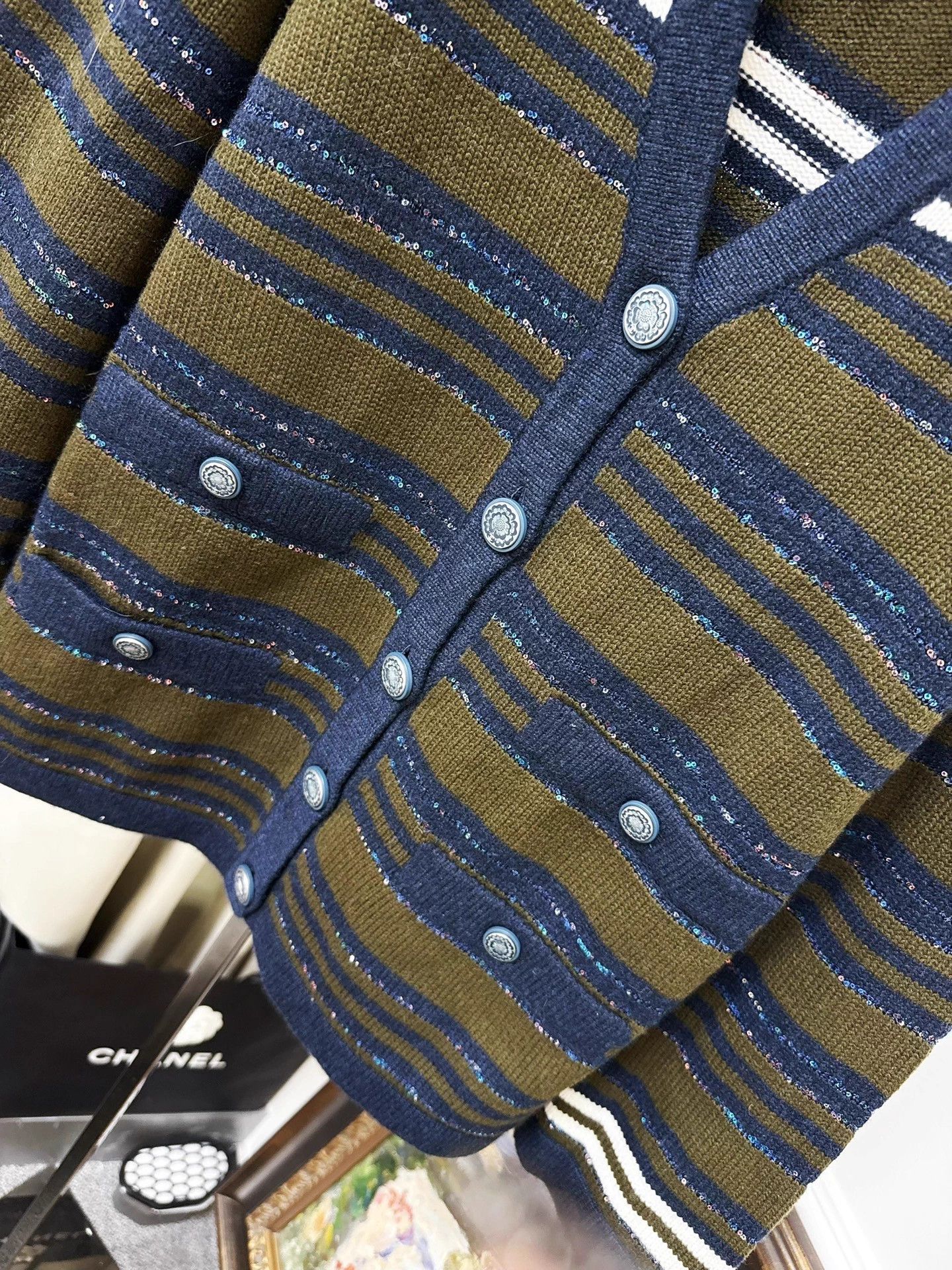 Chanel Chanel 20C Station Teal Sequin Stripe Vneck Knit Jacket 34 Size XS / US 0-2 / IT 36-38 - 6 Thumbnail