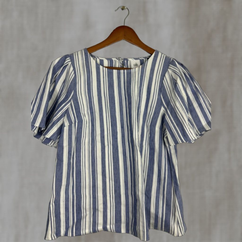 Vintage CAbi Blouse Shirt Striped Wing Tunic Top Short Sleeve Size S Blue White Linen Seersucker Keyhole Button Casual Vintage No N/A (remove N/A) Size S / US 4 / IT 40 - 1 Thumbnail