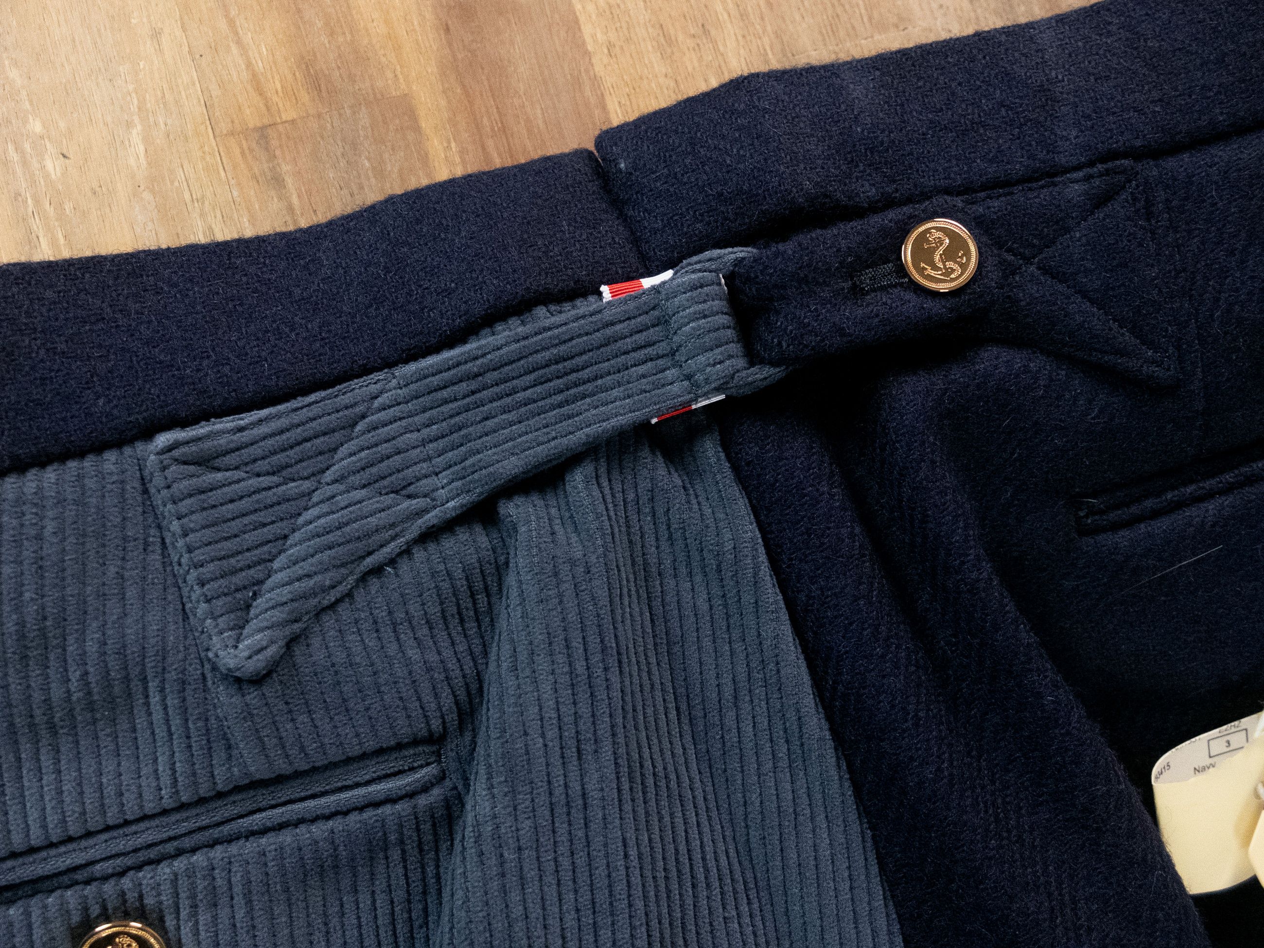THOM BROWNE Fun-Mix blue wool & corduroy backstrap pants