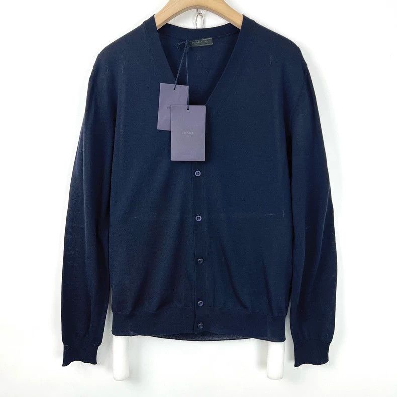 Prada Dark blue V-neck knitted cardigan sweater 2501-Nextar