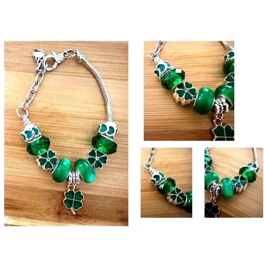 Handmade St Patricks Day Four Leaf Clover Bracelet New Beaded Charms Size ONE SIZE - 1 Thumbnail