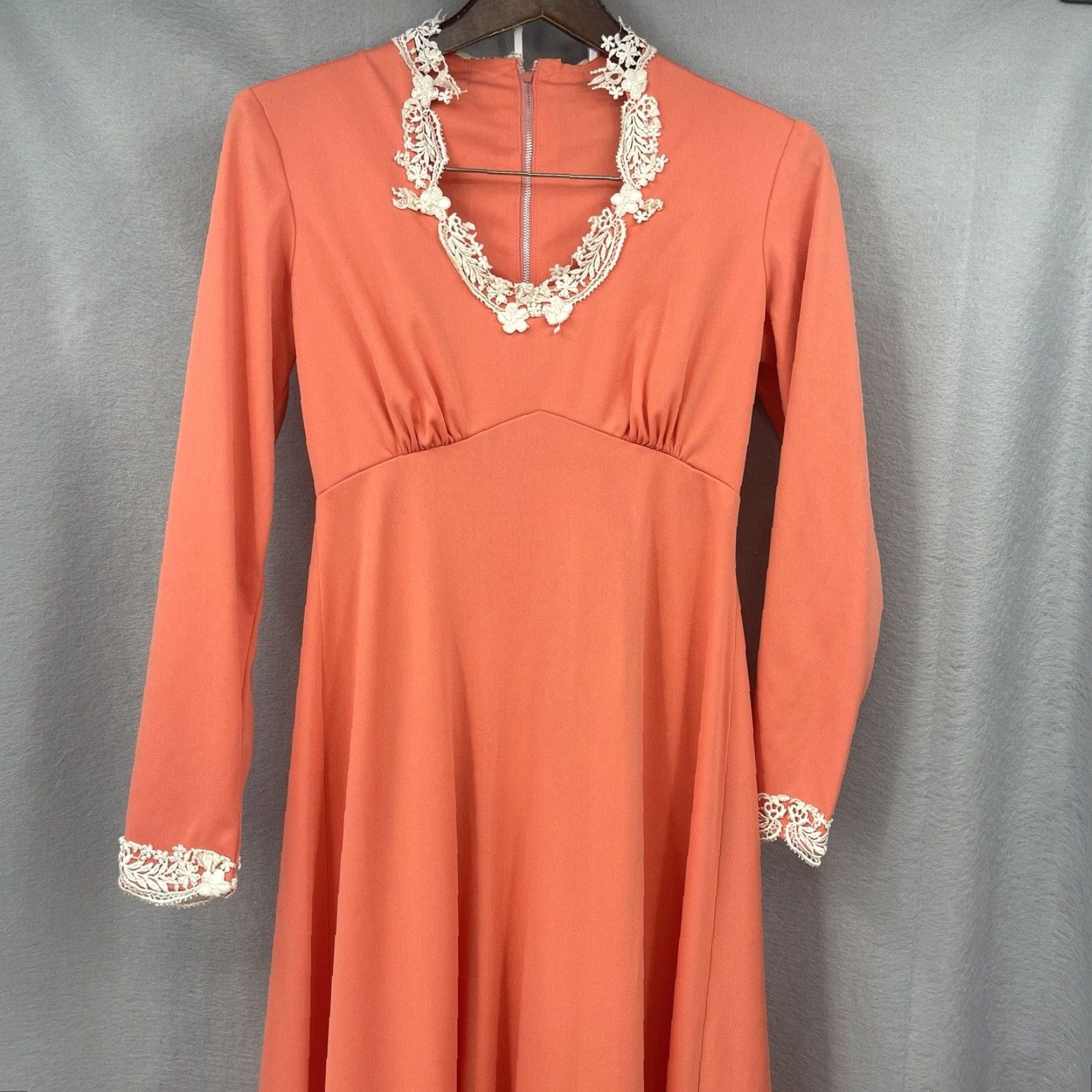 Vintage VINTAGE 70s Maxi Dress Lace Trim Orange Coquette Womens 9 Cottagecore READ Size M / US 6-8 / IT 42-44 - 3 Thumbnail