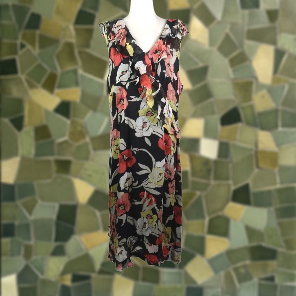 Alfani VINTAGE Alfani Black Floral Silk Midi Dress Ruffle Trim 16W Size XXL / US 16-18 / IT 52-54 - 1 Thumbnail