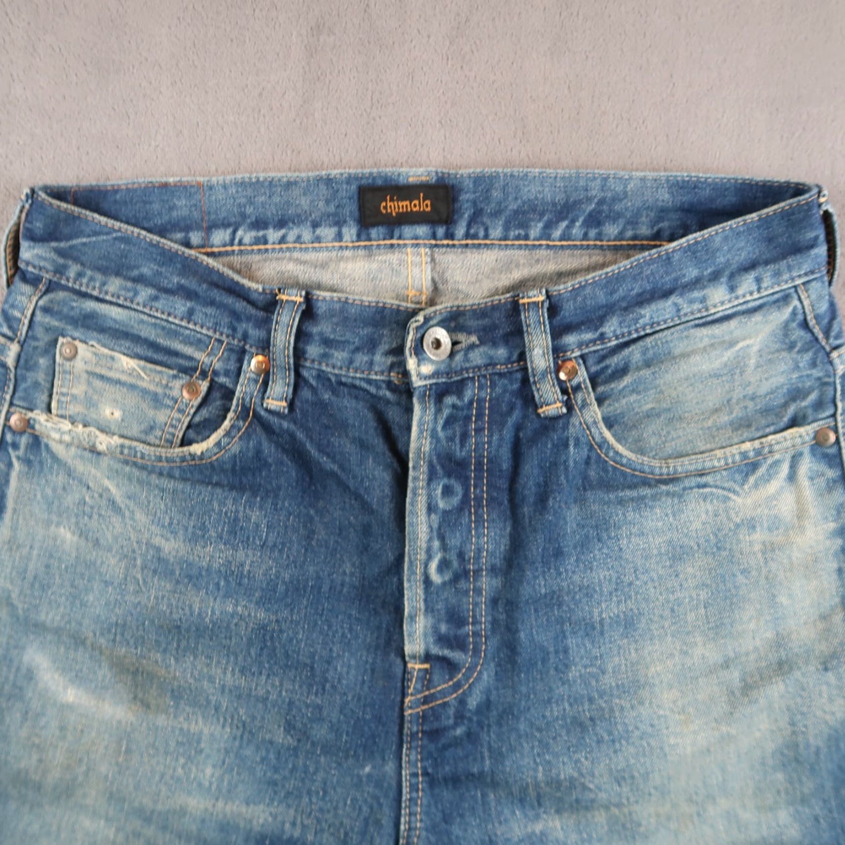 Chimala Chimala Men's Straight Jeans 31x26.25 Medium Wash Blue Distressed Denim Japan Size US 31 - 5 Thumbnail
