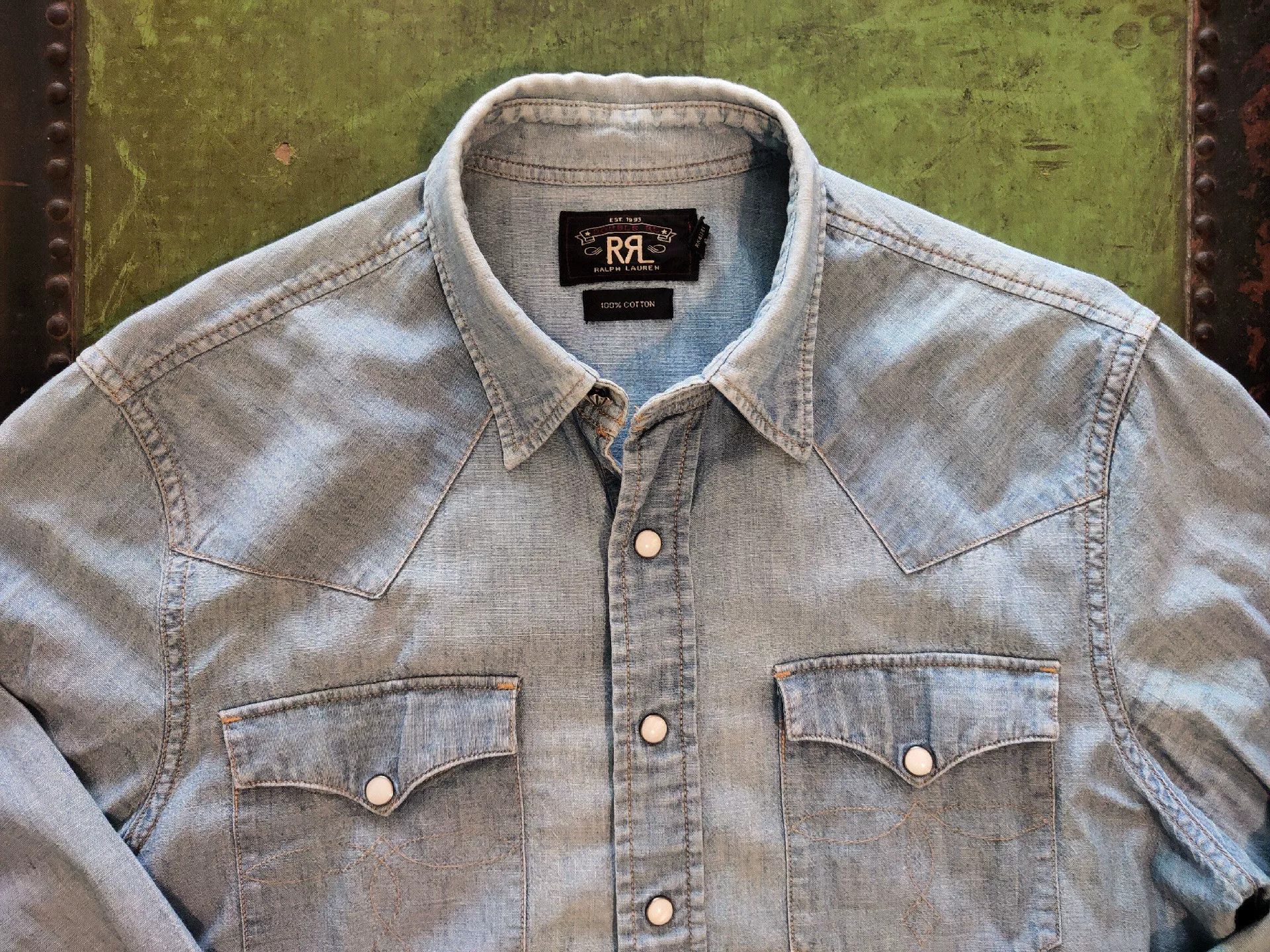 RRL Ralph Lauren RRL Western Light Blue Washed Distressed Shirt Size US XL / EU 56 / 4 - 1 Thumbnail