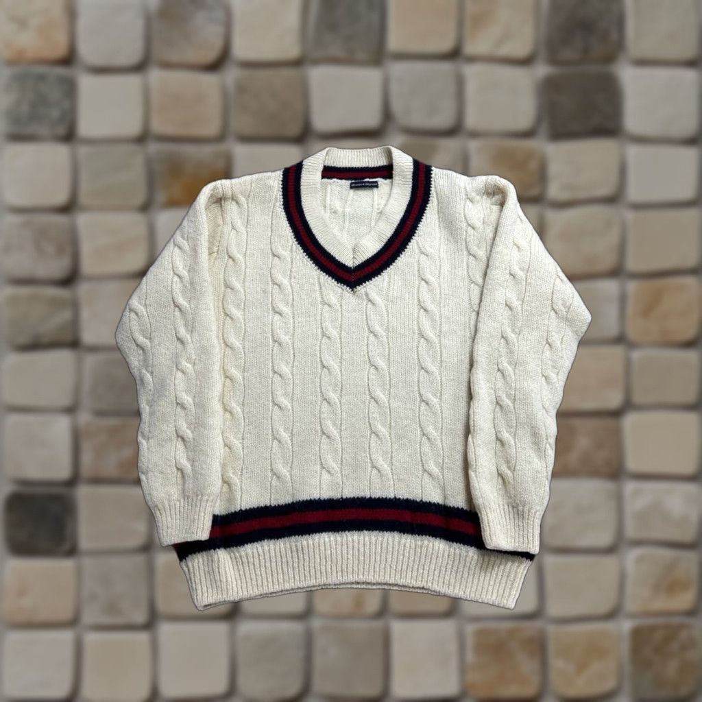Brandy Melville Brandy Melville Sweater Womens One Size Beige Wool Cable-Knit Ribbed Trim V-Neck Pullover Size ONE SIZE - 1 Thumbnail