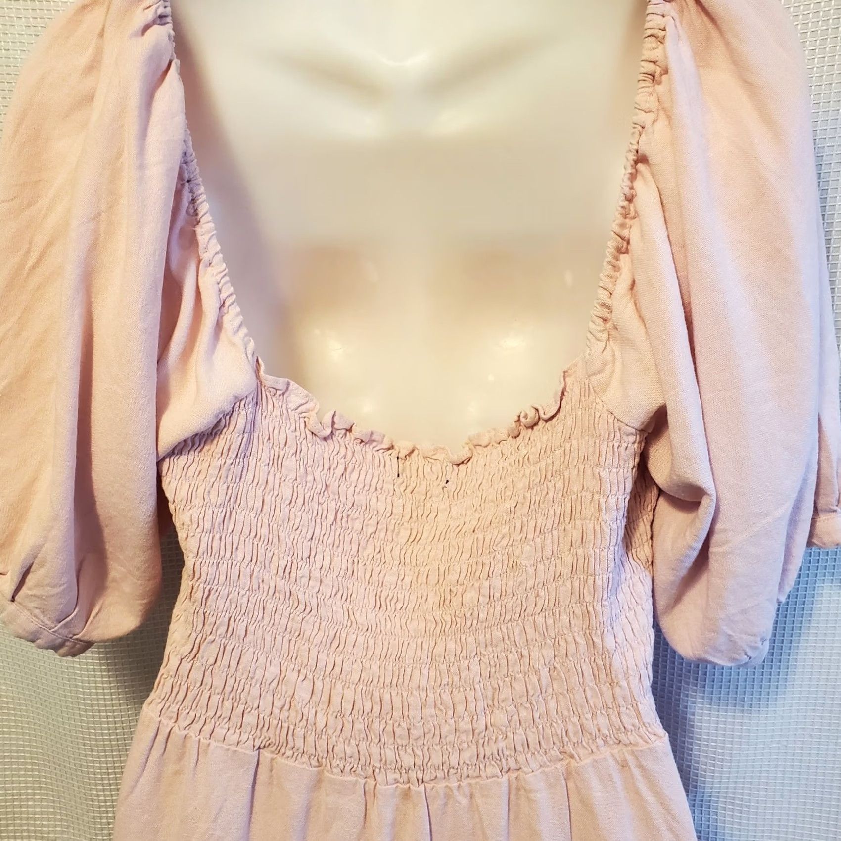 Vintage Vera Moda Pink Linen Mini Dress Balloon Sleeve Square Neck Pullover S Short Women Size S / US 4 / IT 40 - 7 Thumbnail