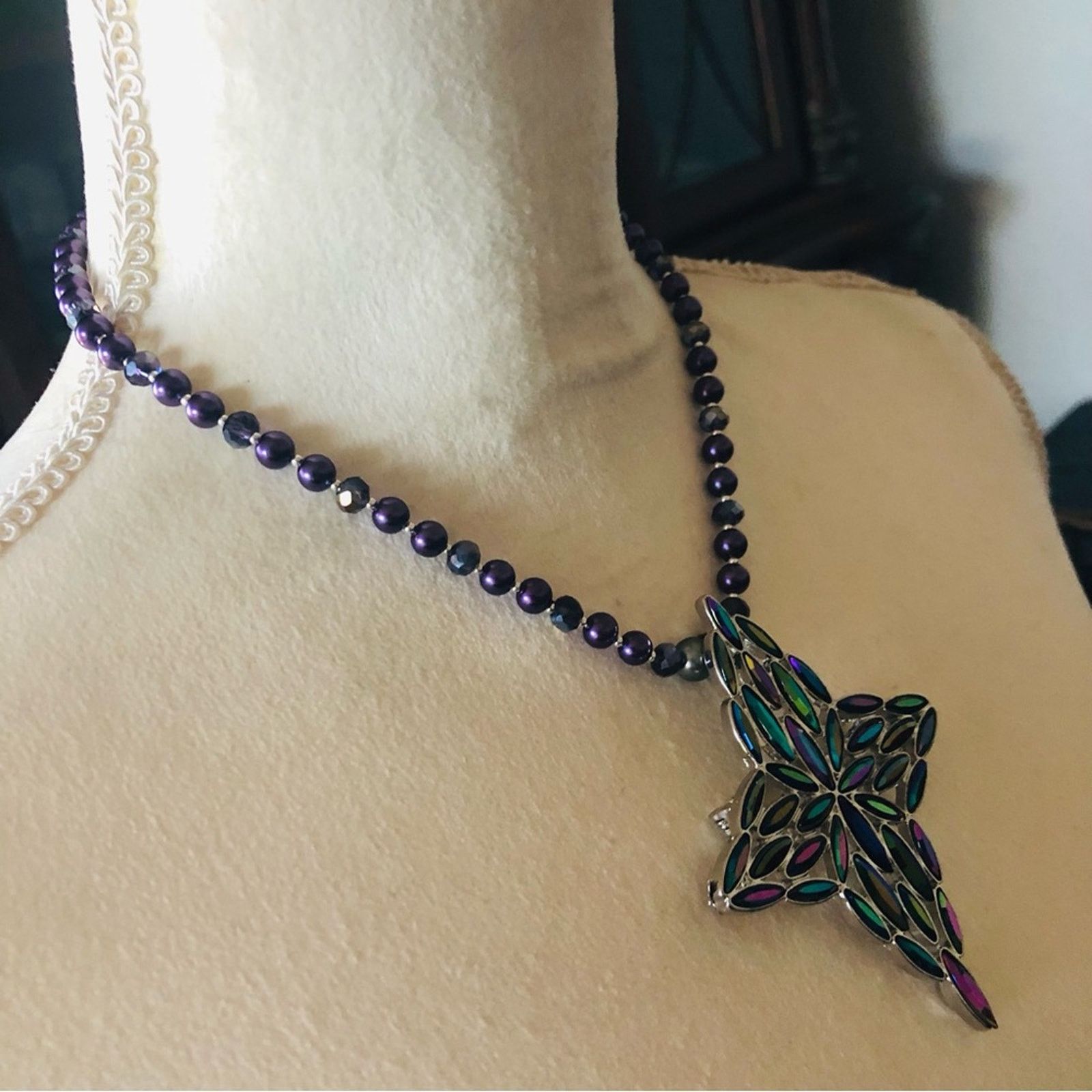 Handmade Handcrafted repurpose marquis stone cross Pearl necklace Size ONE SIZE - 4 Thumbnail