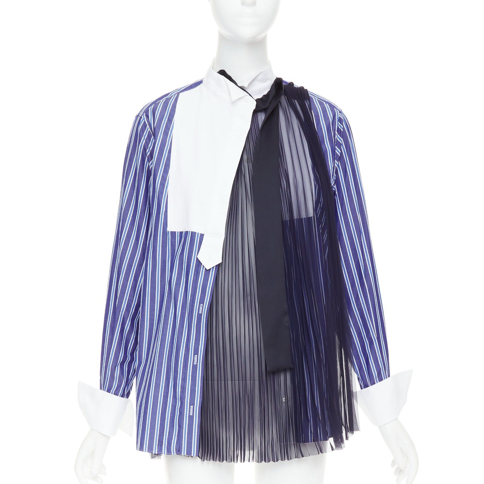 Sacai SACAI 2021 blue striped cotton bib collar sheer panel deconstructed shirt JP1 S Size M / US 6-8 / IT 42-44 - 1 Thumbnail