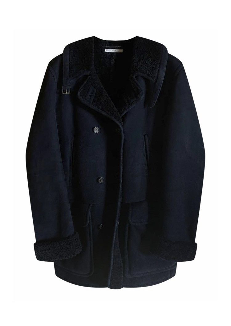 image of Saint Laurent Paris x YVES Saint Laurent Shearling Suede Pocket Fur Detail Jacket in Dark Blue (Siz