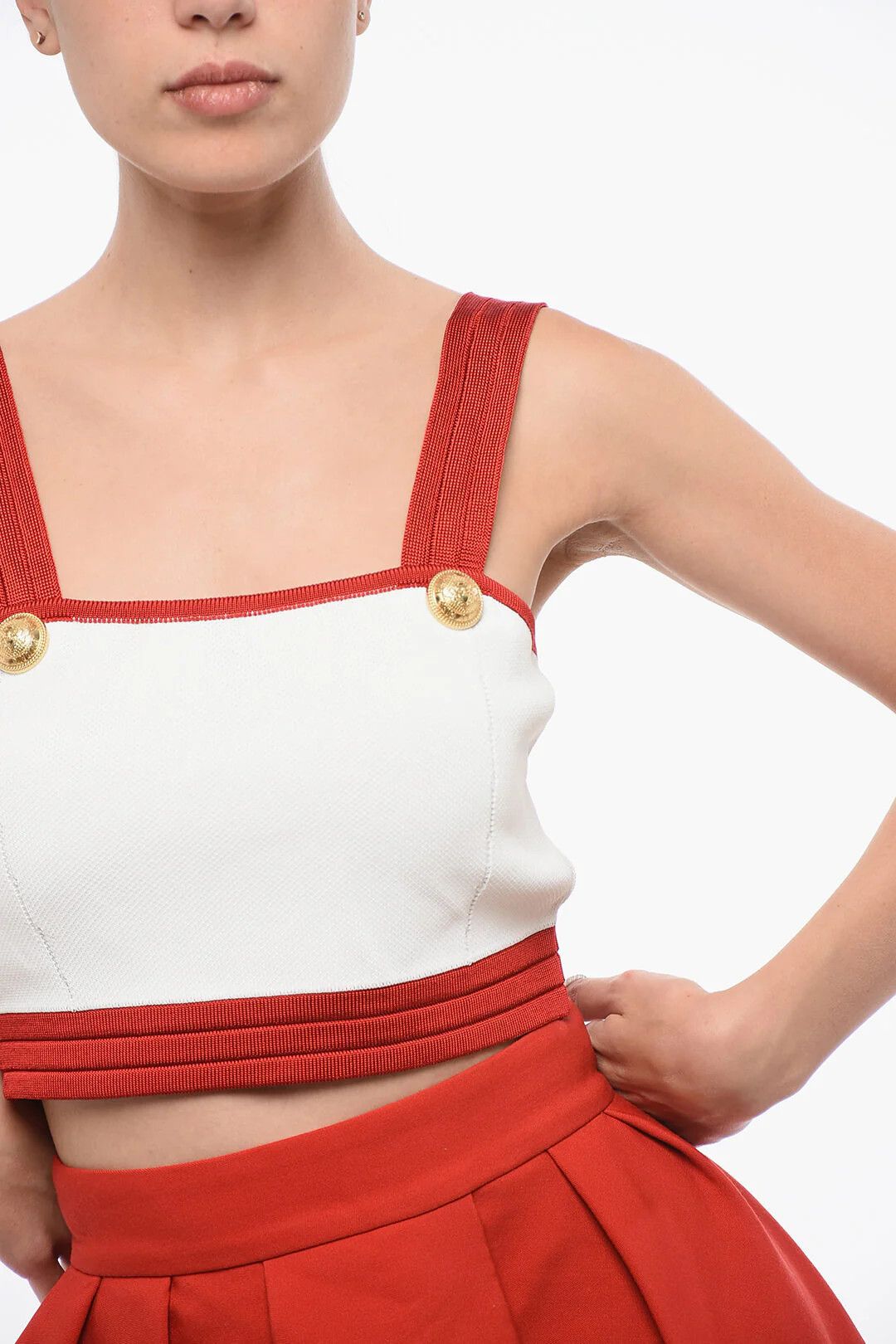 Balmain og1mm0326 Knit Crop Top in White/Red Size M / US 6-8 / IT 42-44 - 3 Thumbnail