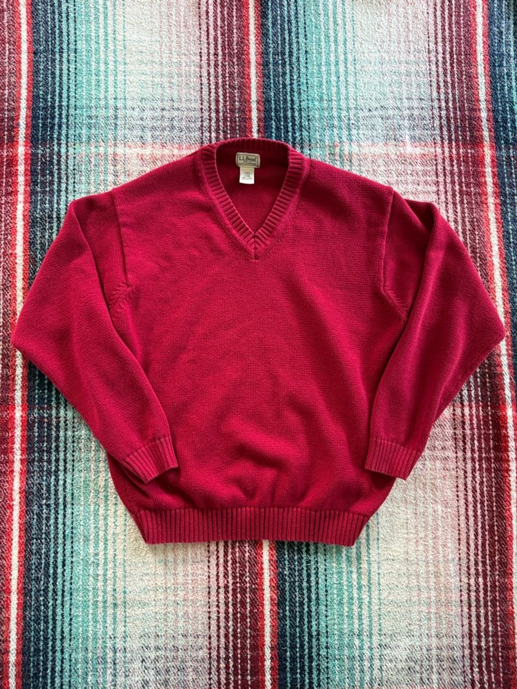 L.L. Bean × Vintage Vintage L.L.Bean V-Neck Cotton Sweater L Red Size US L / EU 52-54 / 3 - 1 Thumbnail