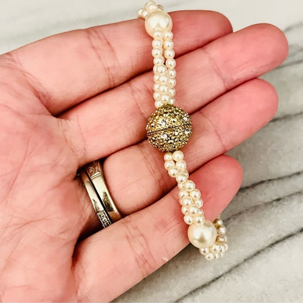 Vintage Vintage Faux Pearl Beaded Bracelet Ornate Gold Pave Crystal Size ONE SIZE - 5 Thumbnail