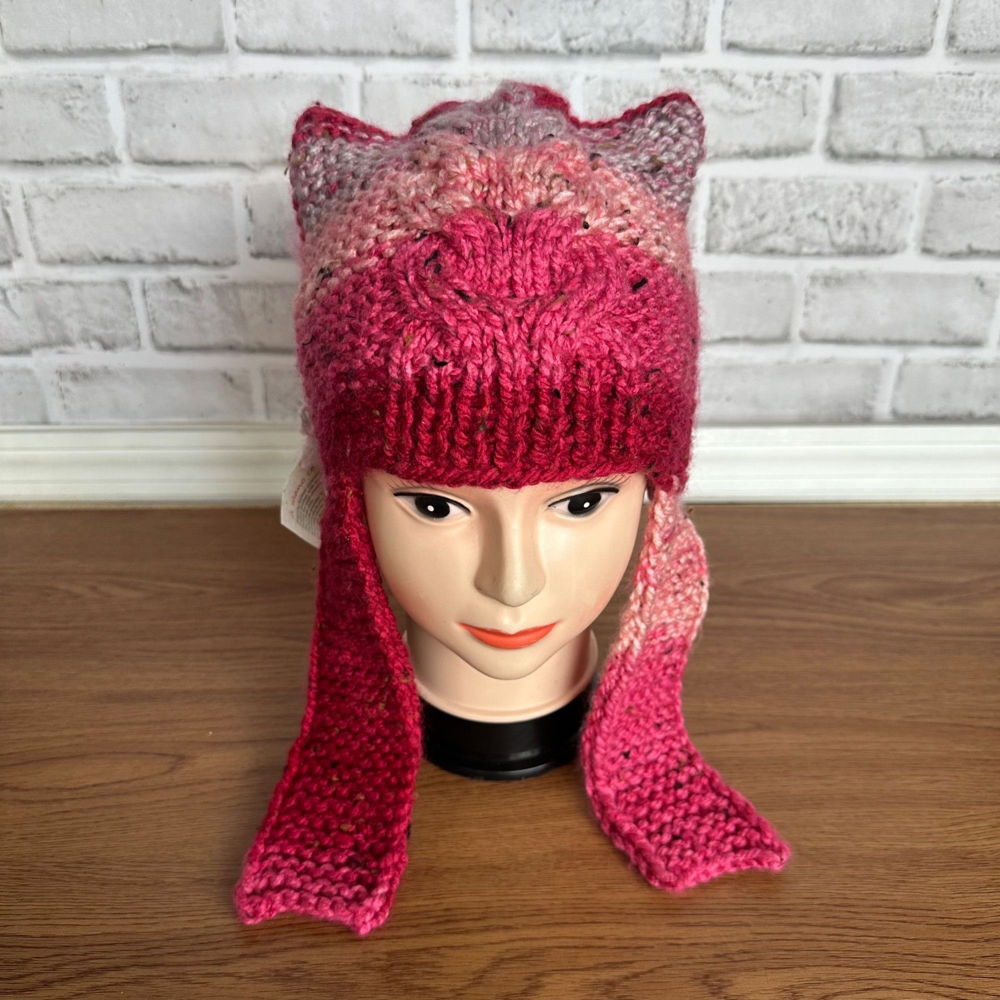 Handmade ⭐ Silky Hand-Knit Pink Cat Ear Earflap Winter Hat Handmade C Size ONE SIZE - 2 Thumbnail