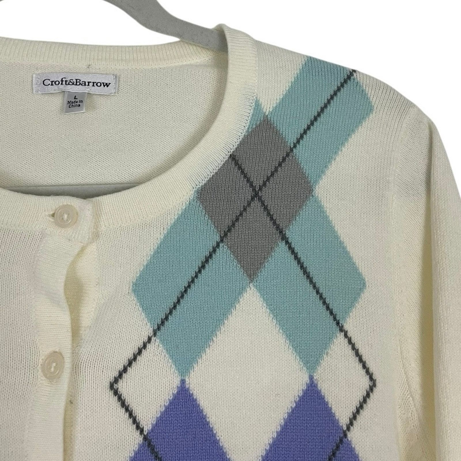 Croft & Barrow Croft & Barrow Cream and Blue Argyle Button Down Sweater Size L / US 10 / IT 46 - 2 Thumbnail