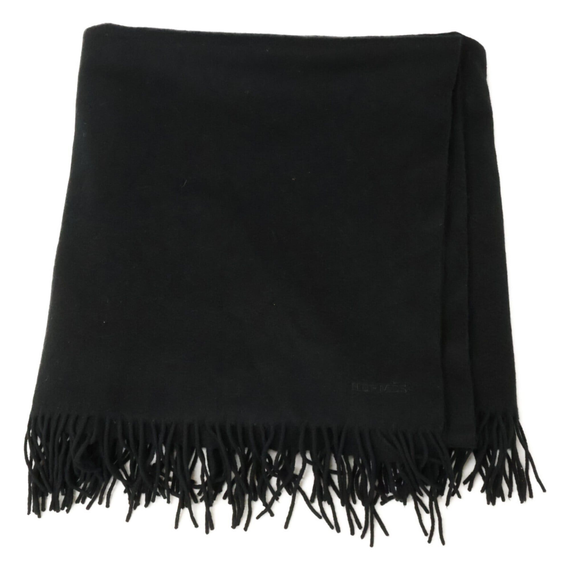 Hermes HERMES 100% Cashmere Logo Embroidered Fringe Large Stole, Black, Women's Size ONE SIZE - 1 Thumbnail