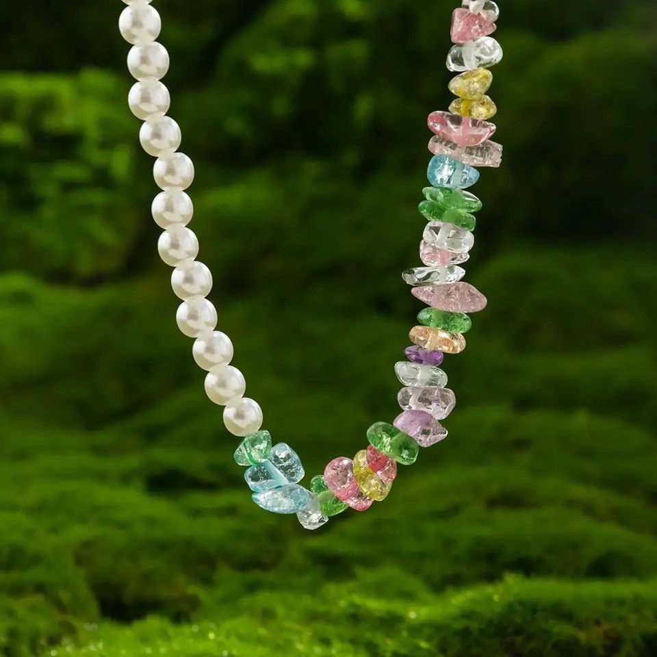 Jewelry Transparent Colorful Glass Crystal Pearl Choker Necklace Size ONE SIZE - 5 Thumbnail