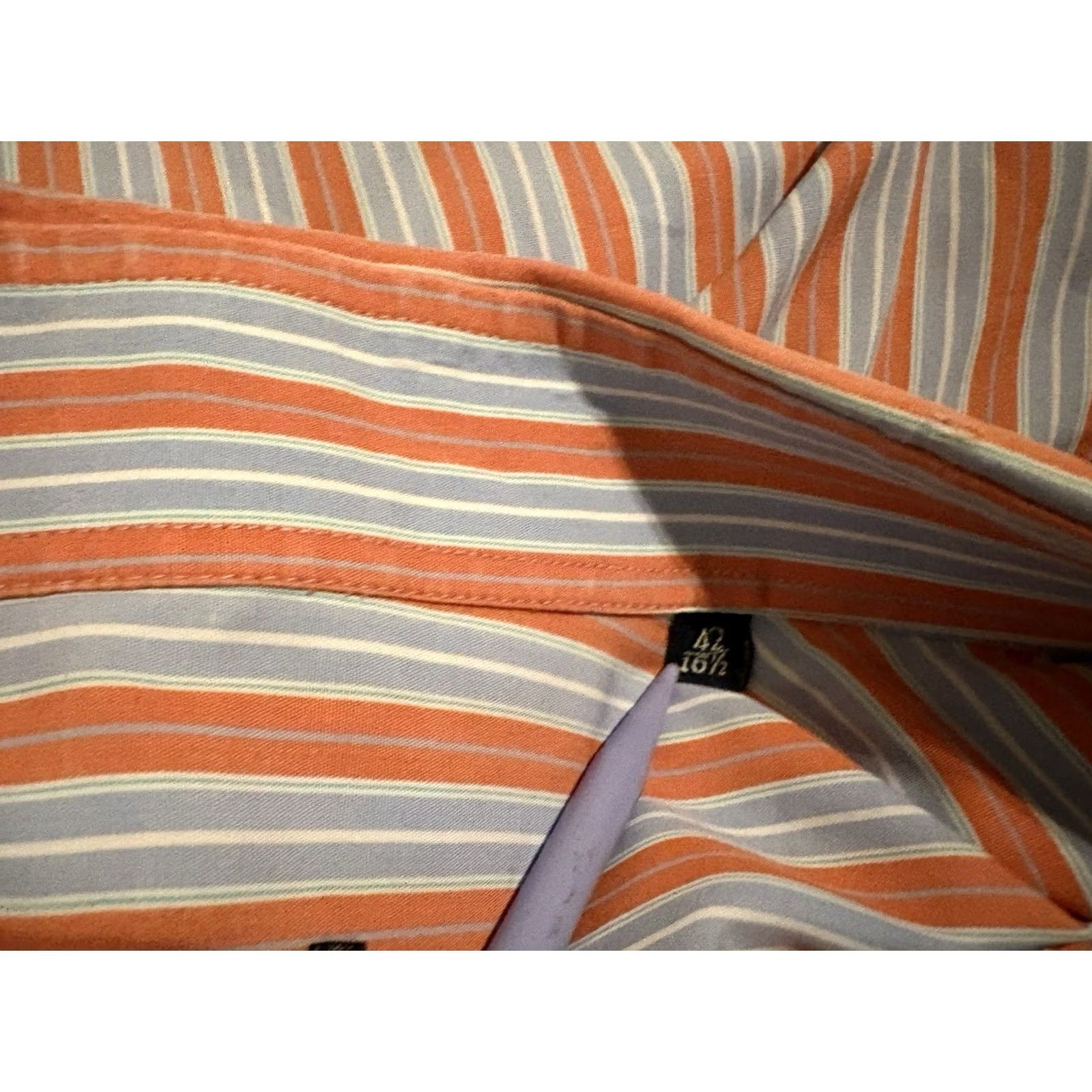 Canali Canali Long Sleeve Dress Shirt Orange Blue Mens 42 16.5 Striped Cotton Button Collar Italy Regular Men Size 42R - 3 Thumbnail