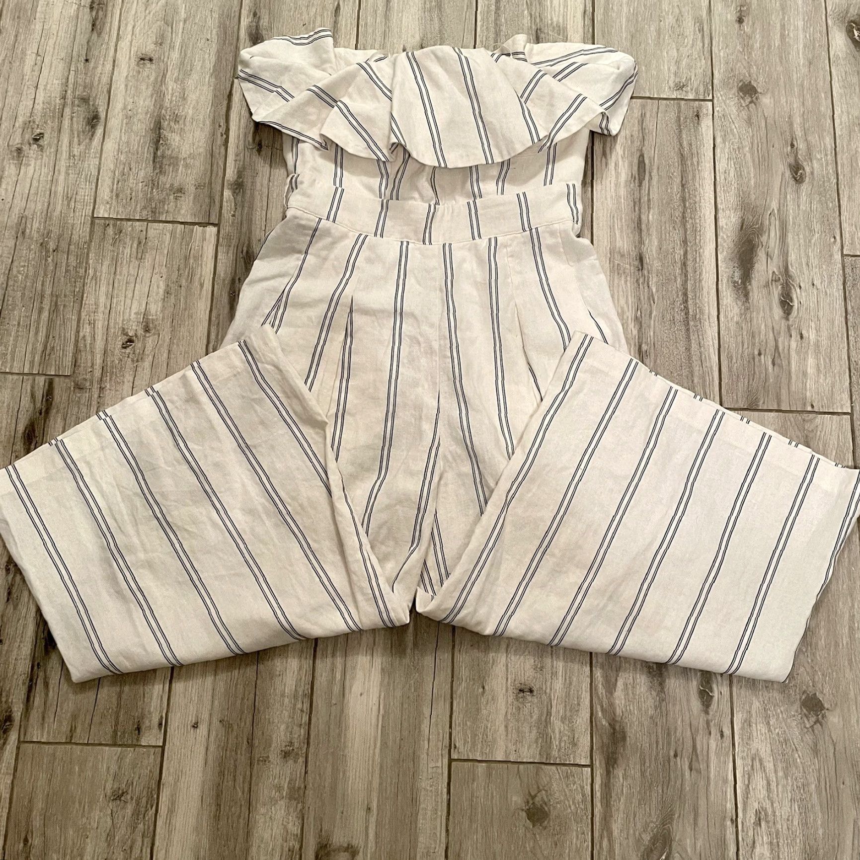 Vintage The Vintage Shop Jumpsuit Striped Strapless Ruffle Boho Ivory Crop Wide-Leg L Womens Size 36" / US 14 / IT 50 - 2 Thumbnail
