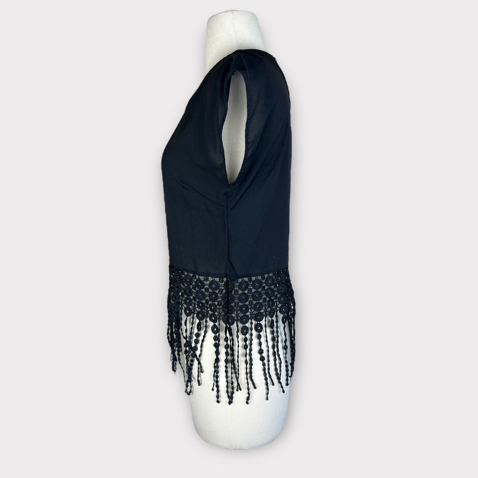 Nordstrom Monteau | Black Fringe Boho Short Sleeves Blouse I XS Size XS / US 0-2 / IT 36-38 - 3 Thumbnail