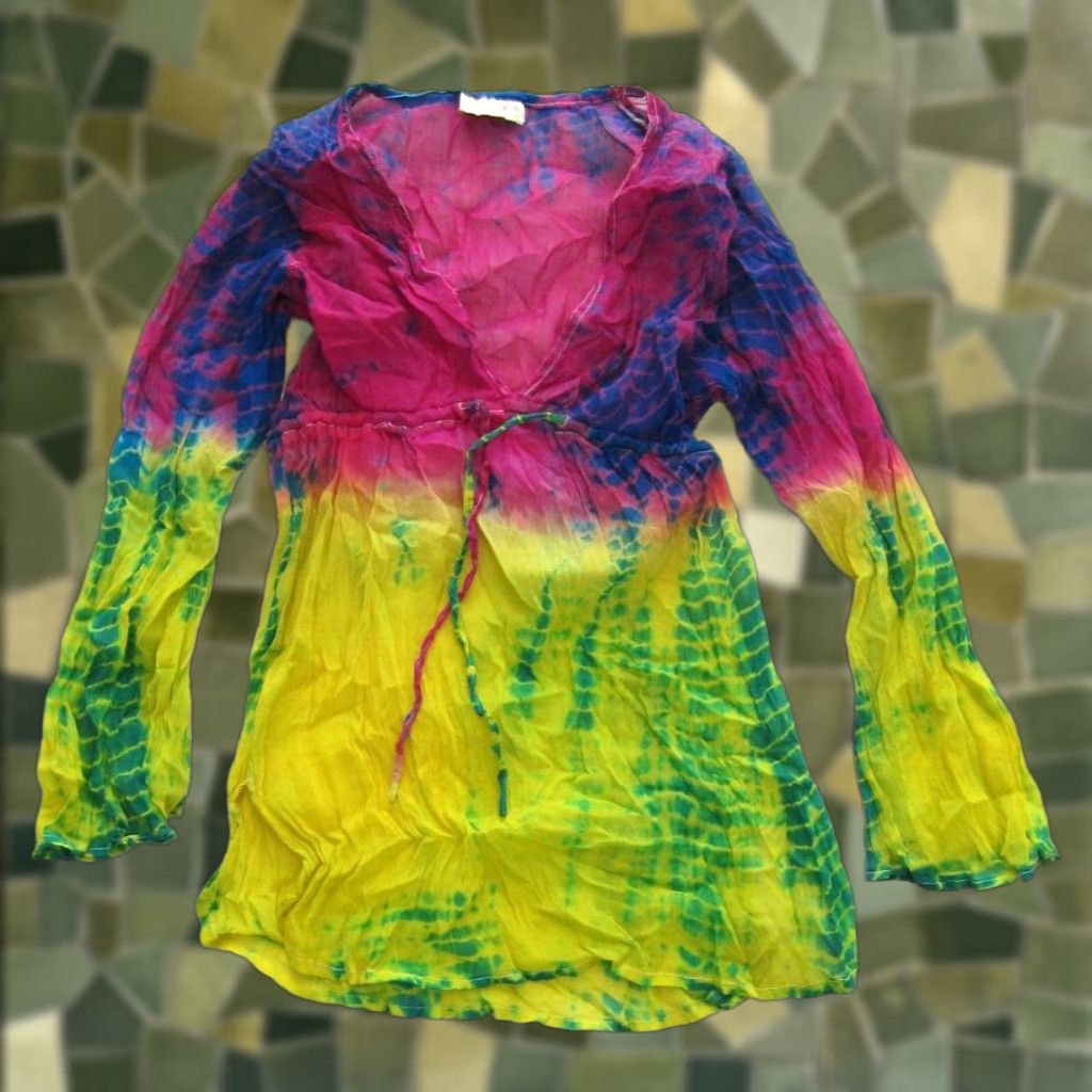 Pinko VINTAGE Bhag's Blouse Shirt Womens S-M Tie Dye Long Sleeve 100% Rayon Pink Yellow Green V-Neck Size S / US 4 / IT 40 - 1 Thumbnail