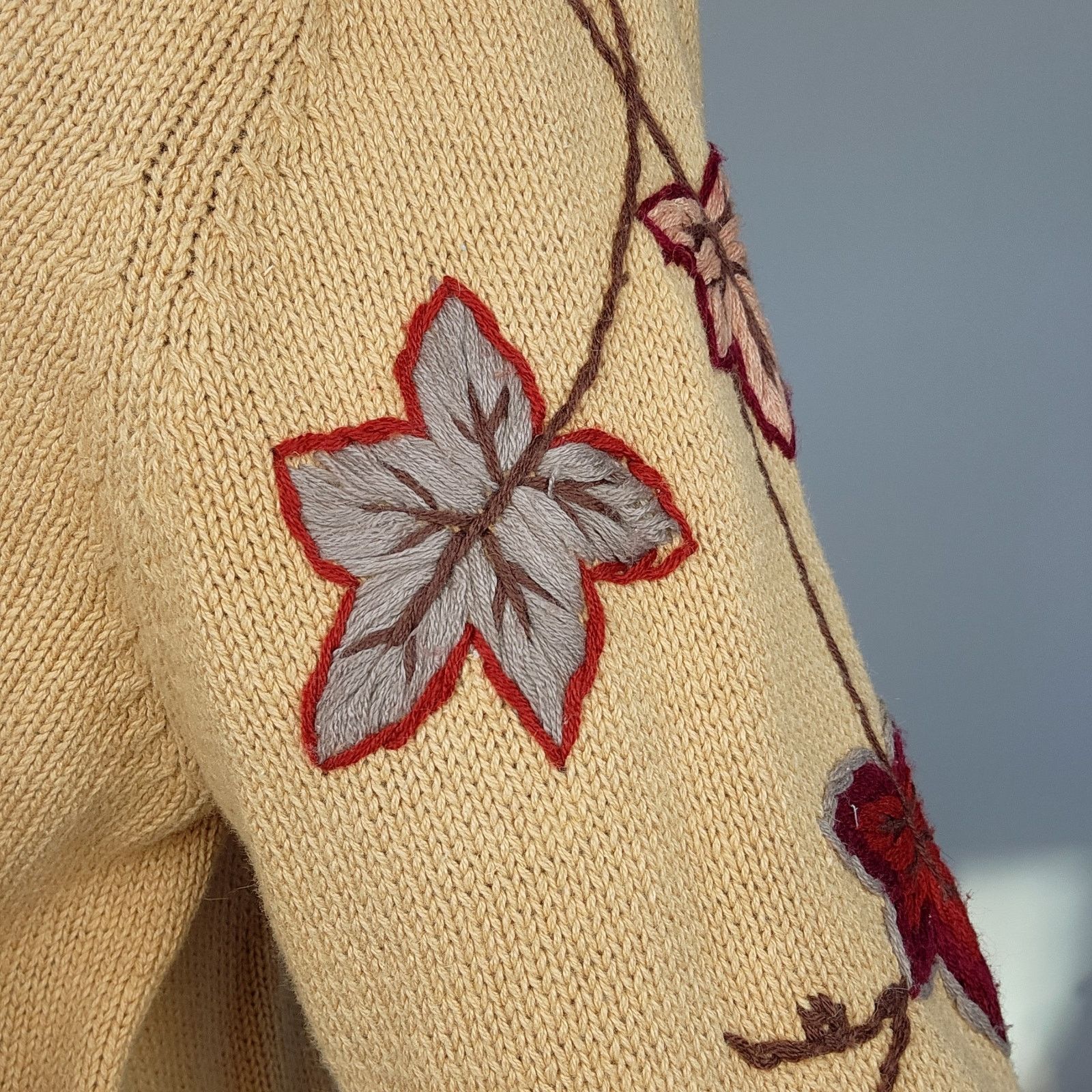 Other Vintage Leaf Cardigan Sweater Embroidered Cotton XL Size XL / US 12-14 / IT 48-50 - 4 Thumbnail