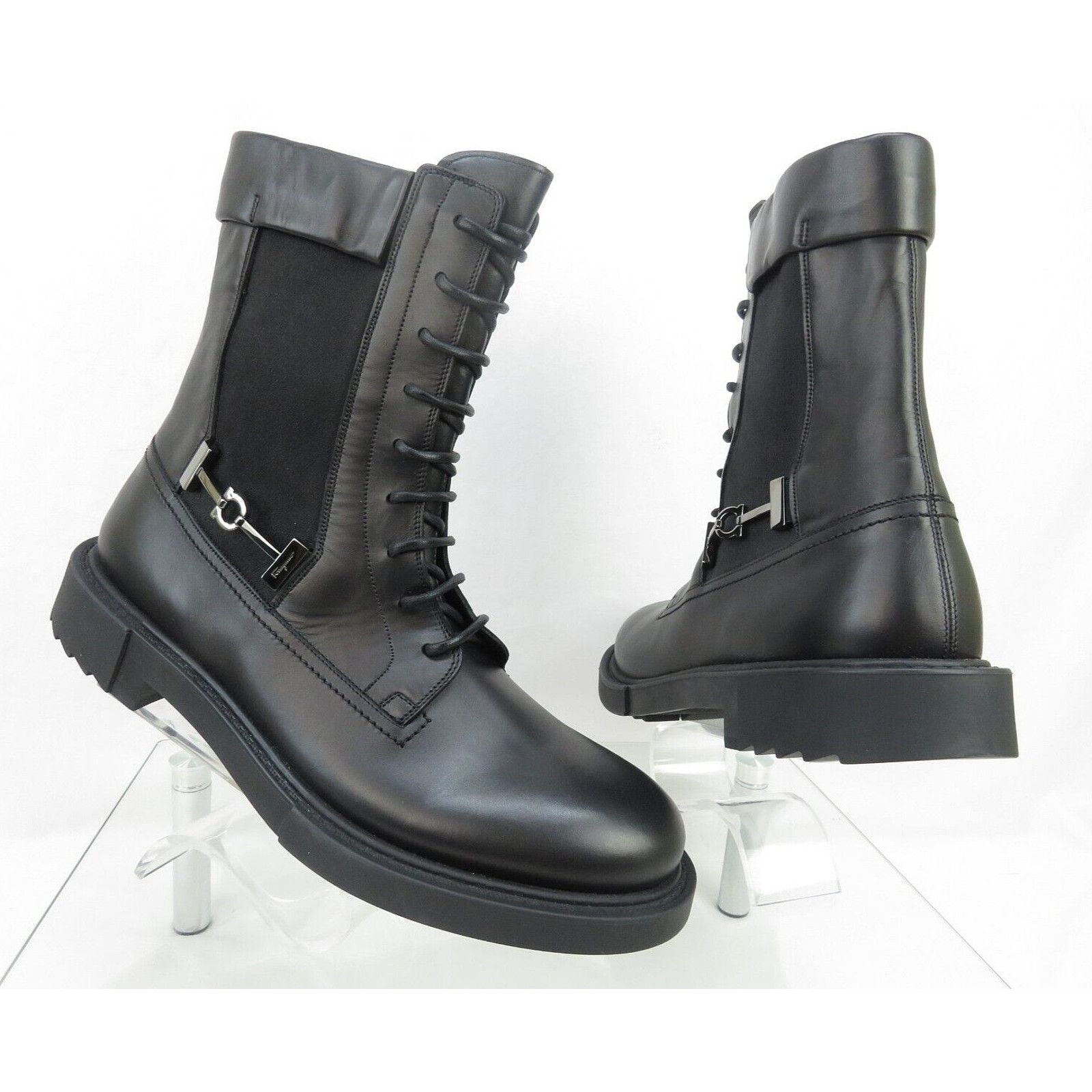 Salvatore Ferragamo NEW IGLESIAS BLACK LEATHER GANCINI LOGO COMBAT BOOTS 12 D Size US 12 / EU 45 - 4 Thumbnail