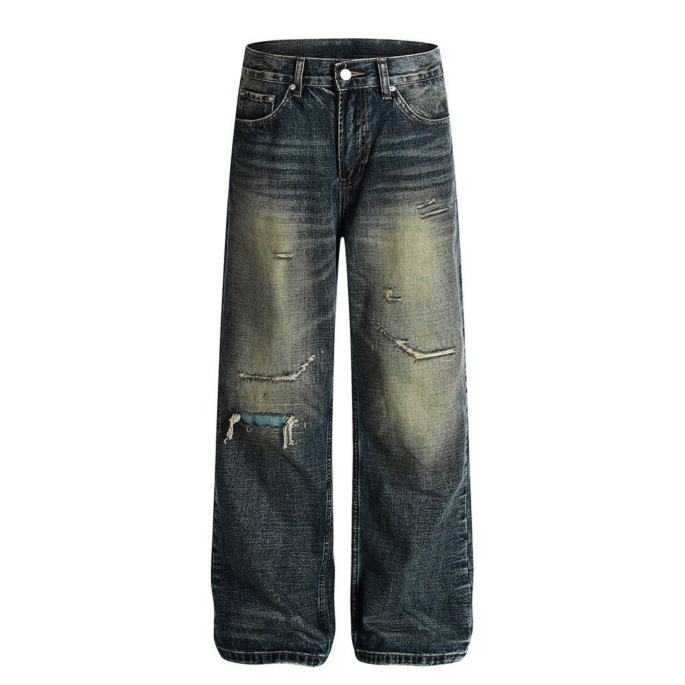American distressed vintage washed ripped jeans for men