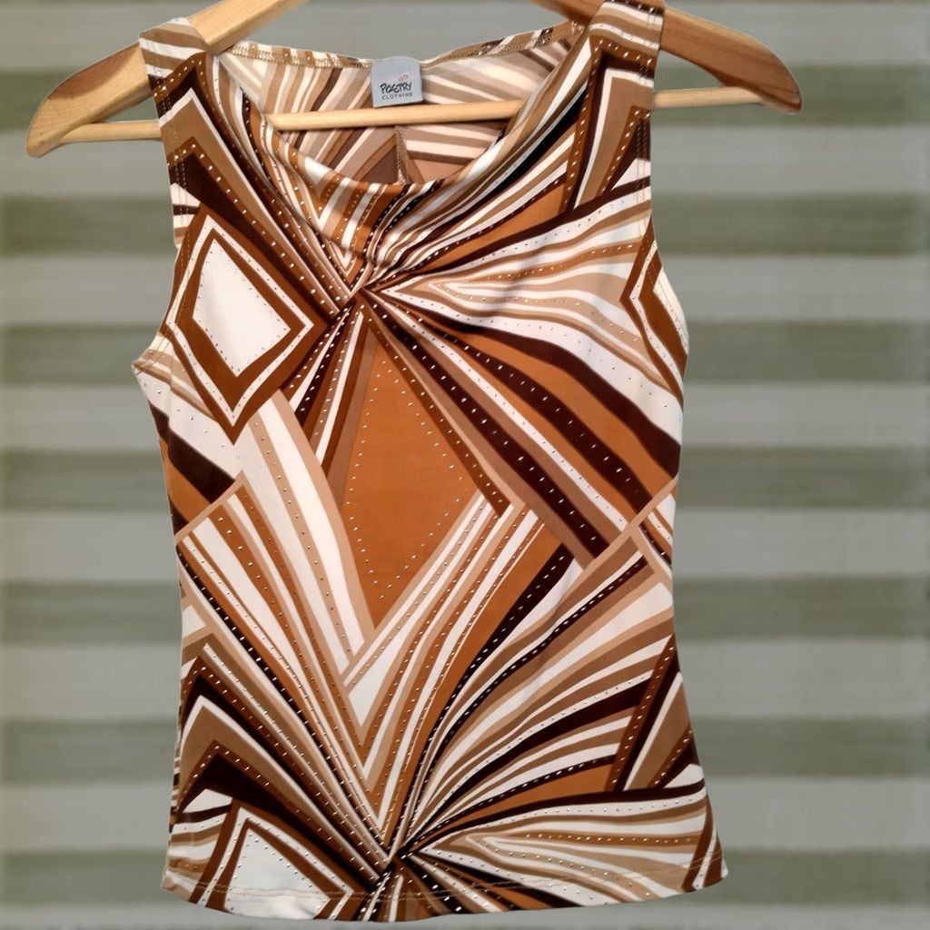 Vintage VINTAGE Poetry Clothing Geometric Sleeveless Top Cowl Neck Stretch Brown S Small Womens Juniors Y2K 90s Fall Spring Summer USA Made Size S / US 4 / IT 40 - 1 Thumbnail