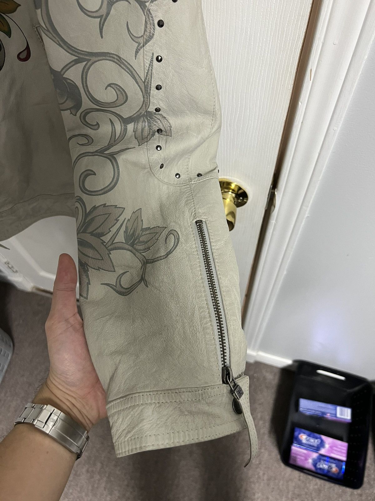 Christian Audigier × Ed Hardy Ed Hardy x Christine Audigier Leather Jacket Off White Size US XL / EU 56 / 4 - 9 Thumbnail