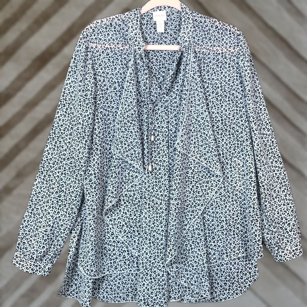 Vintage Chicos Womens Blouse Black Leopard Print Waterfall Front Long Sleeve M Shirt Womens Size M / US 6-8 / IT 42-44 - 1 Thumbnail