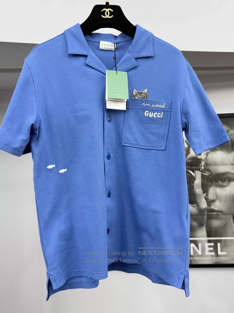 Gucci Gucci Size 12 Blue embroidered lapel short sleeves Size US XXS / EU 40 - 1 Thumbnail