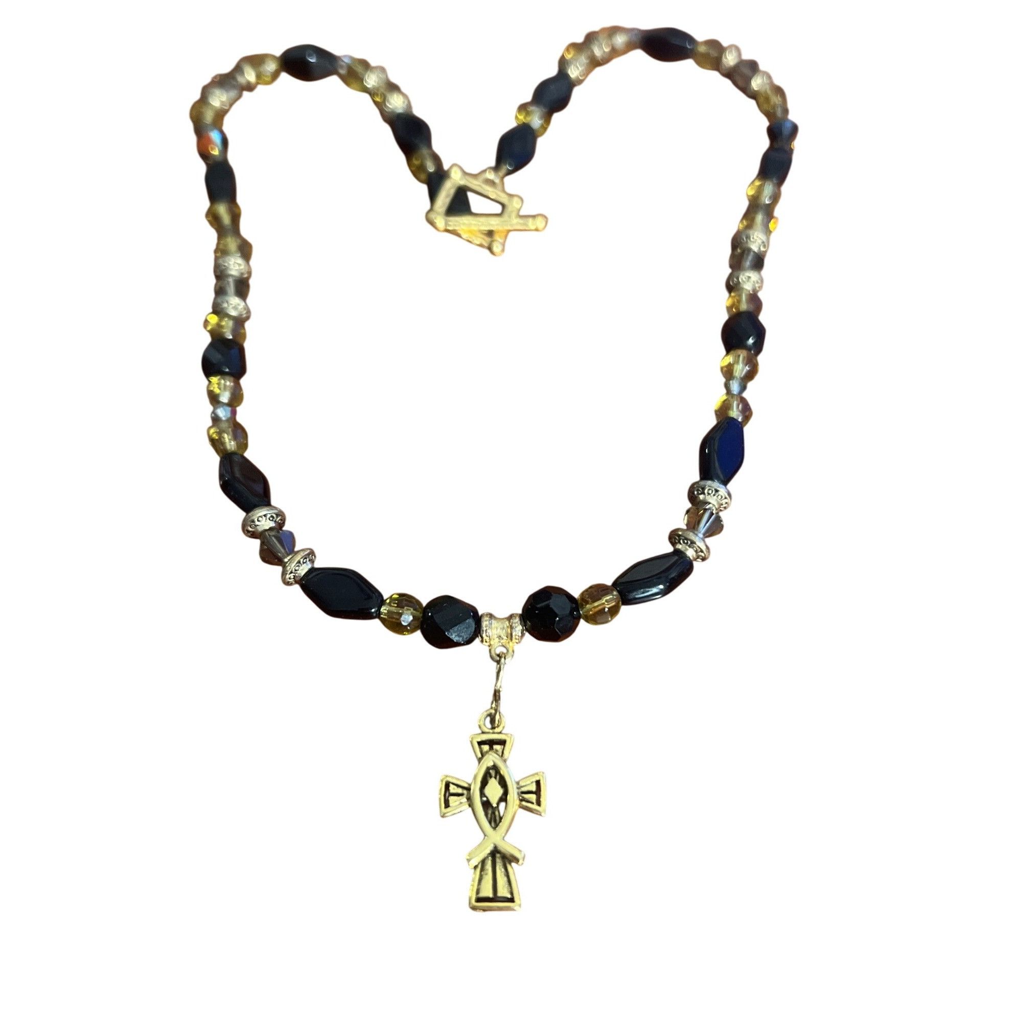 Other Vintage Black Gold Glass Bead Necklace Cross Pendant Toggle Size ONE SIZE - 6 Thumbnail