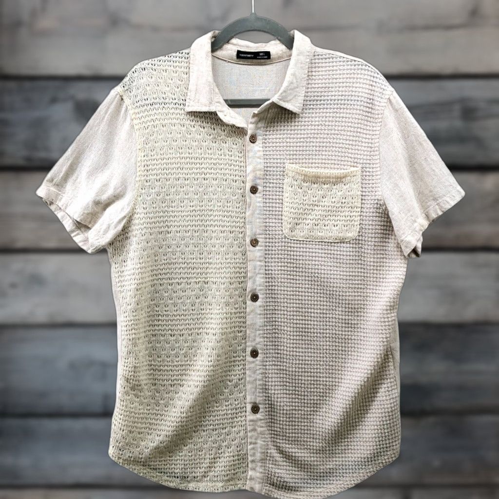 Vintage Manfinity Linen Blend Shirt Mens L Beige Short Sleeve Knit Front Resort Vacation Shirt Size US L / EU 52-54 / 3 - 1 Thumbnail