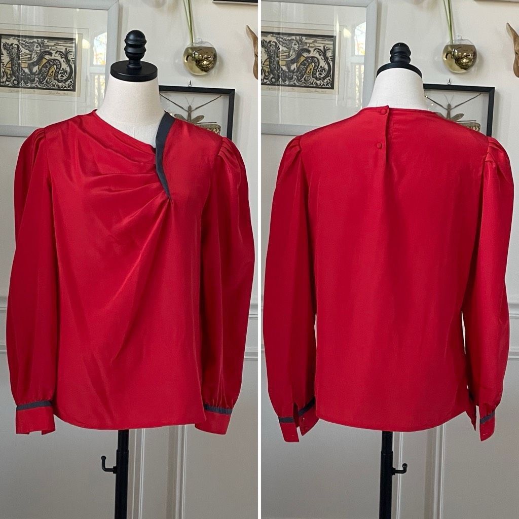 Vintage Vintage 80s Chaus Red Blouse Dark Grey Trim Asymmetrical Neck L Size L / US 10 / IT 46 - 1 Thumbnail