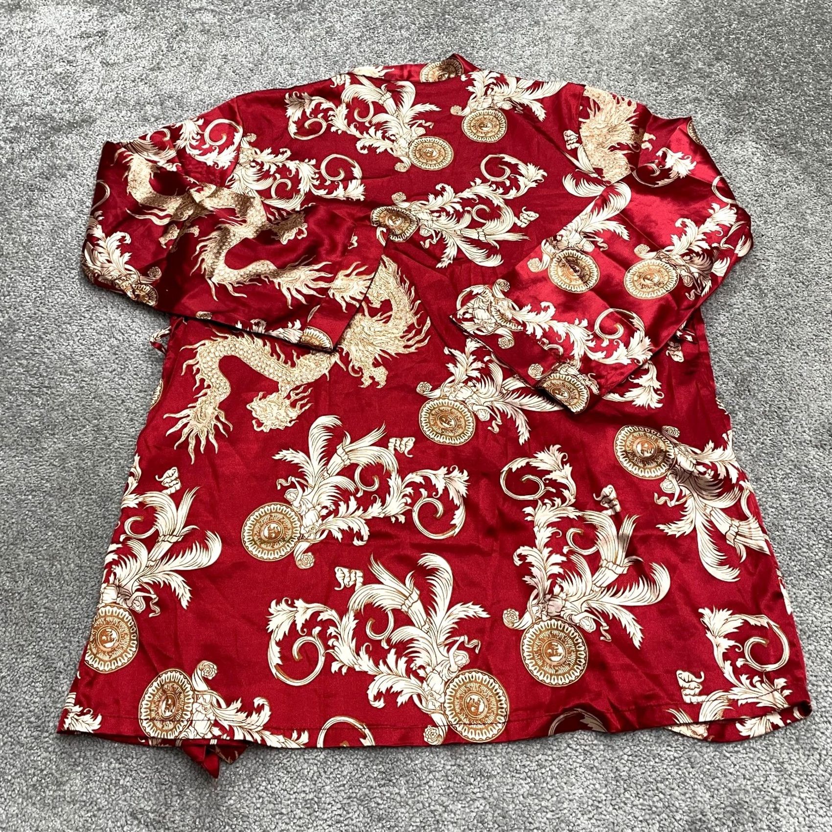 Vintage Unbranded Satin Open Front Kimono Robe Womens XXXL Red Floral Sleeve Long Red Gold Pattern Vintage: No Size ONE SIZE - 2 Thumbnail