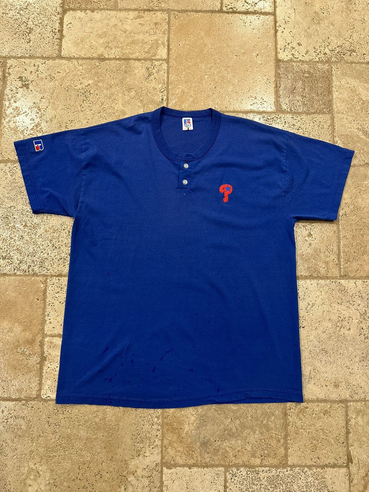 MLB × Russell Athletic × Vintage Vintage Phillies Russel Athletic Blue Quarter Button Up Tee Size US XL / EU 56 / 4 - 1 Thumbnail