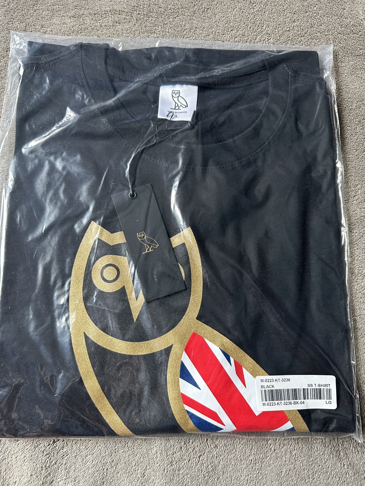 image of Drake x Octobers Very Own Ovo Uk British Flag OG Owl T-Shirt Tee in Black, Men's (Size Large)