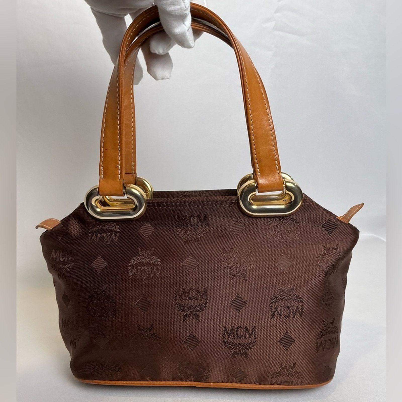 MCM MCM Chestnut Brown Visetos Monogram Nylon Tote Bag Gold Trim Size ONE SIZE - 4 Thumbnail