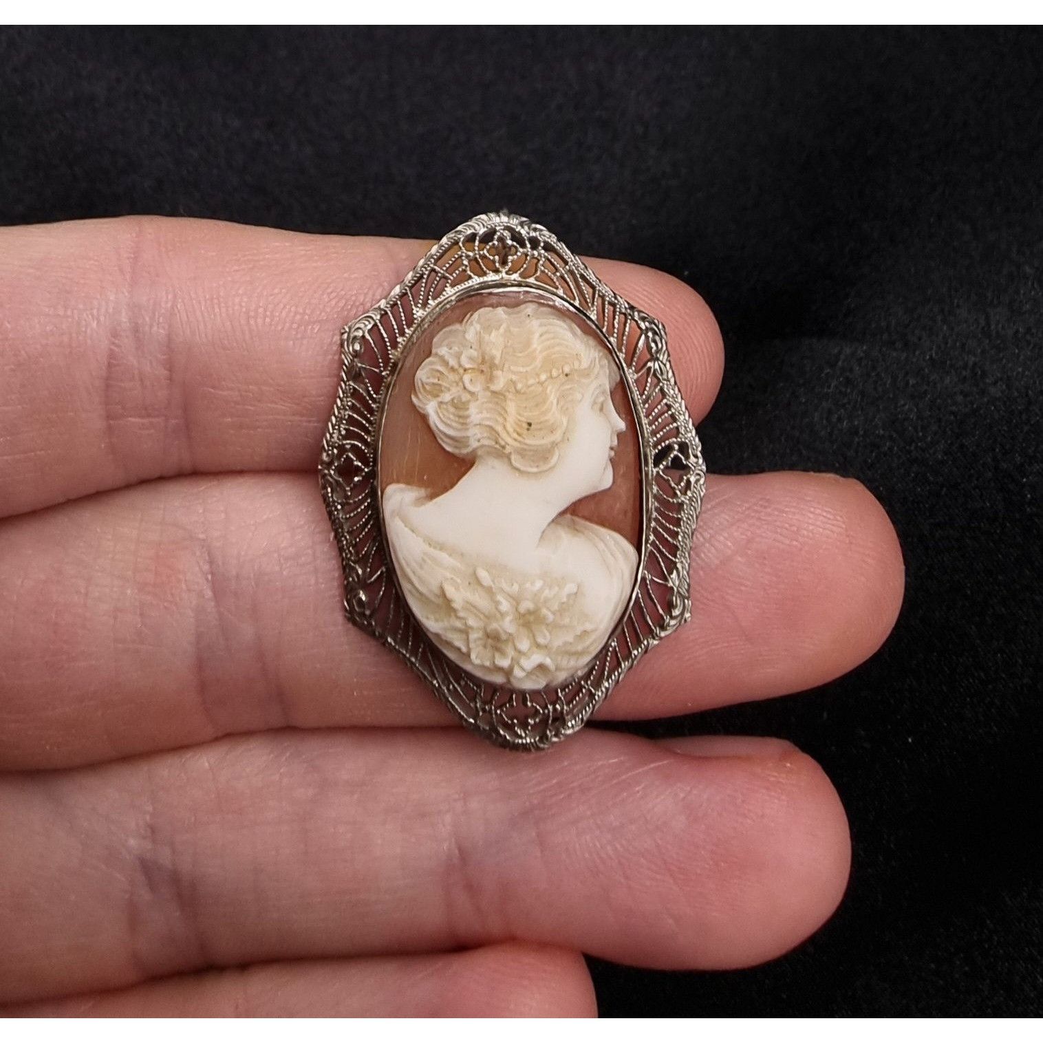 Vintage Antique 1900's-1920's 10K White Gold Real Cameo Brooch & Pen Size ONE SIZE - 4 Thumbnail