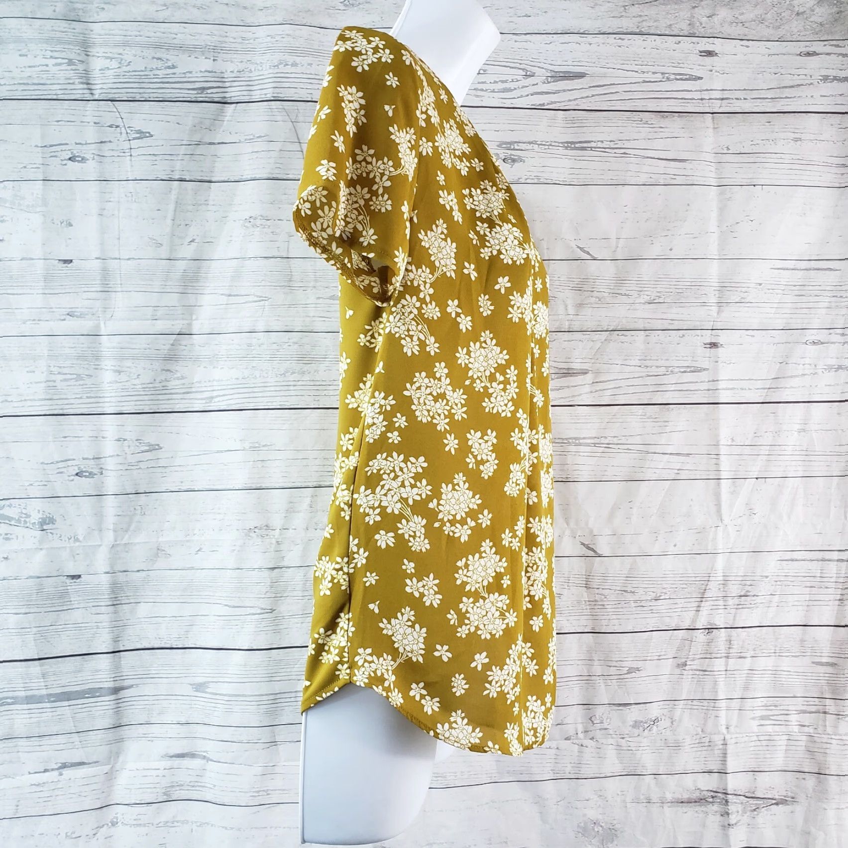 Ann Taylor Ann Taylor LOFT Womens Top 2XS Mustard White Floral Short Sleeve Round Neck Blouse Mens Womens Girls Boys Size XXS / US 00 / IT 34 - 3 Thumbnail