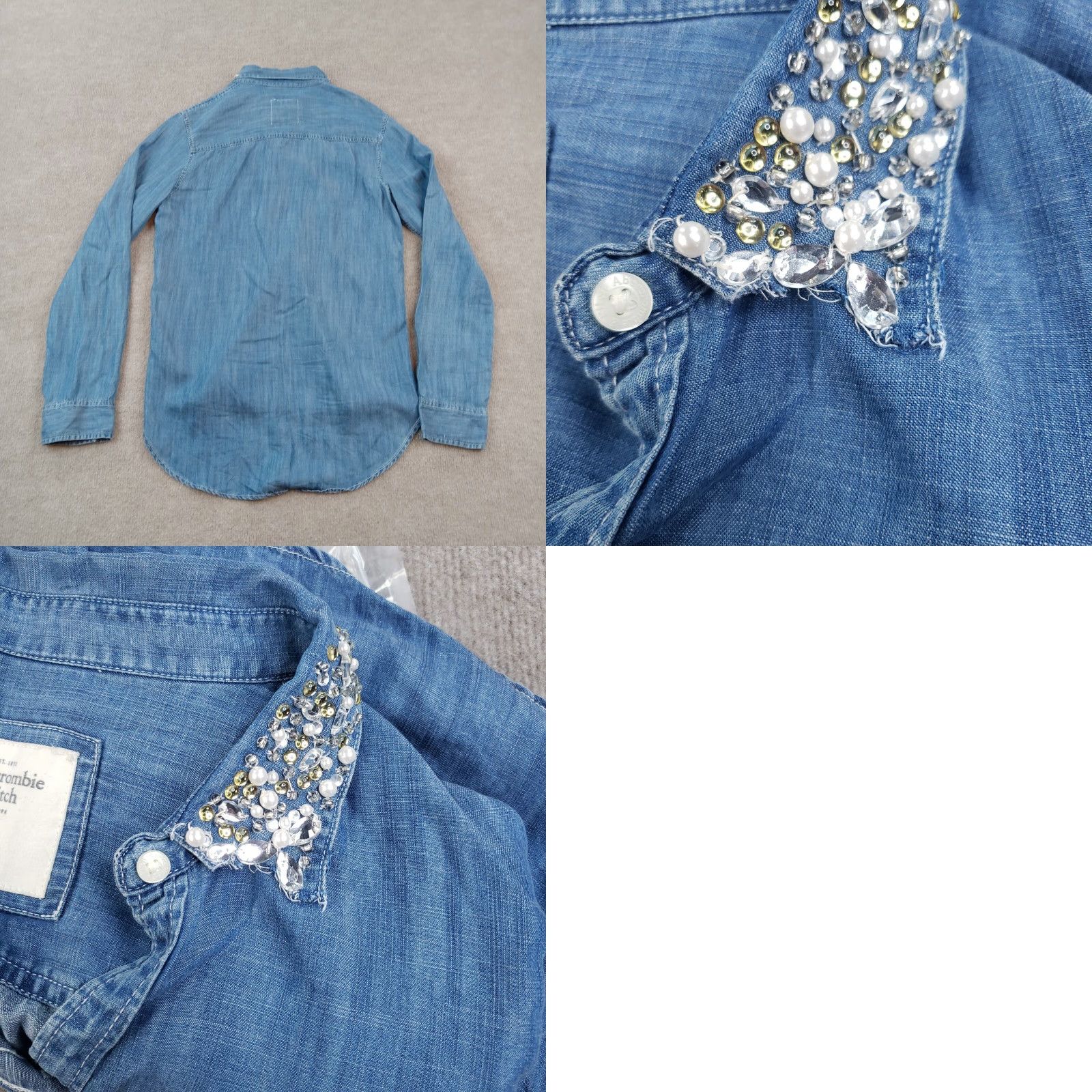 Abercrombie & Fitch Abercrombie & Fitch Blue Button Up Shirt Womens Medium Embellished Gems Pearls Long Sleeve Casual Lyocell Size M / US 6-8 / IT 42-44 - 8 Thumbnail