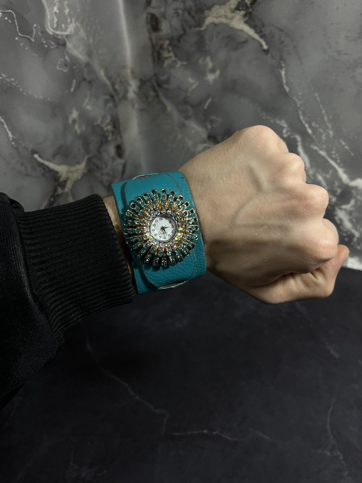 Jewelry Turquoise Crystal Sunburst Cuff Watch Bracelet Size ONE SIZE - 4 Thumbnail