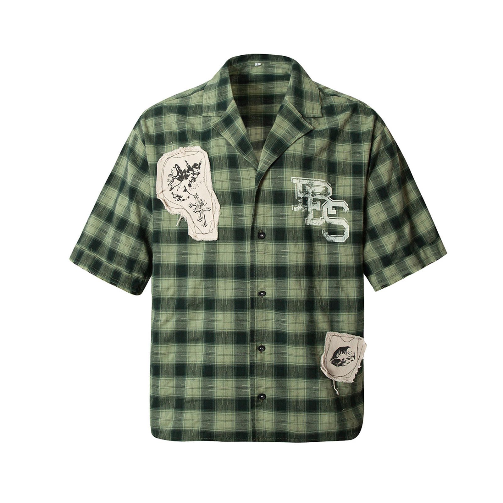Green Plaid Shirt with Unique Patches