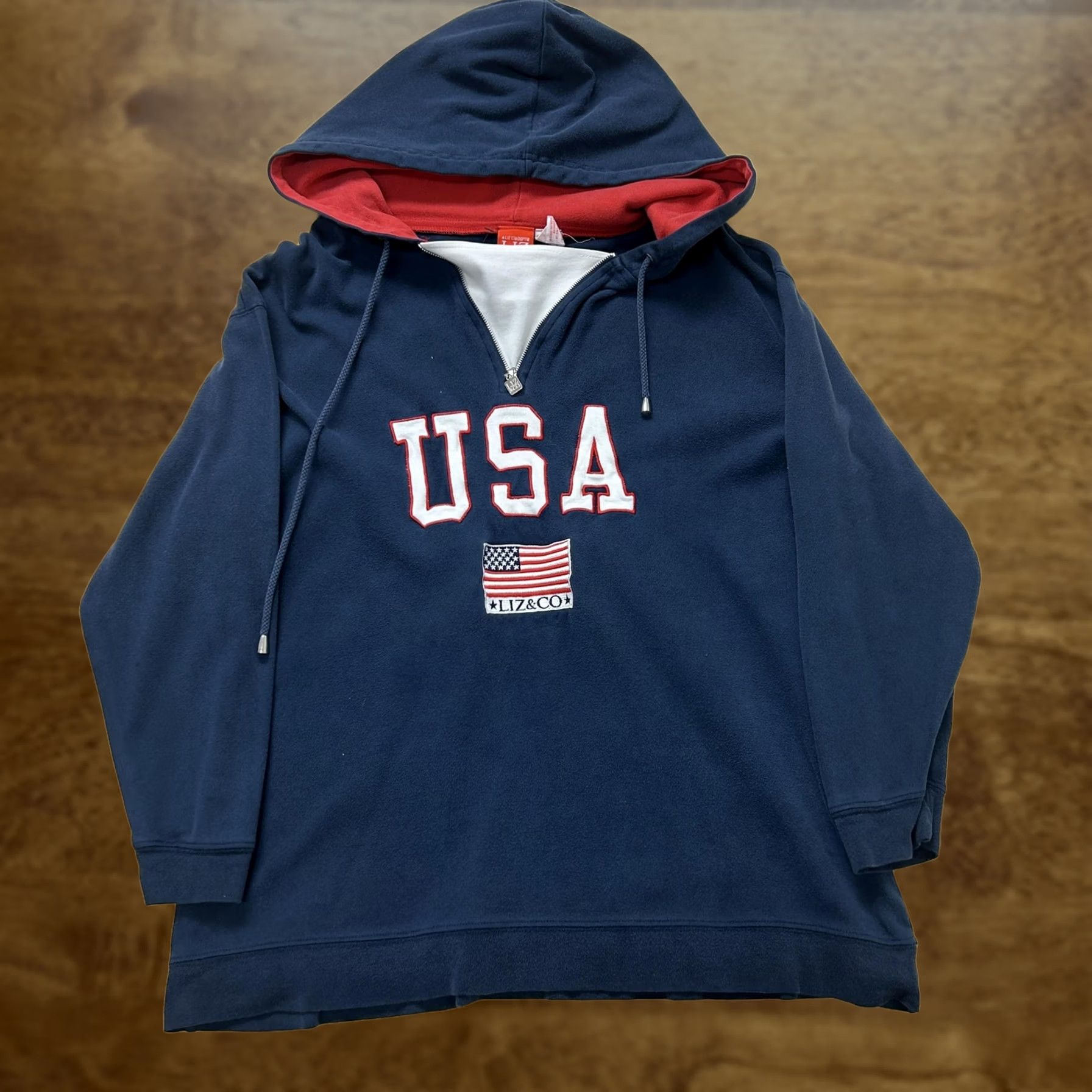 CO Vintage Liz & Co. Hoodie Womens Small Blue USA Flag Fleece 1/4 Zip Sweatshirt Size S / US 4 / IT 40 - 1 Thumbnail