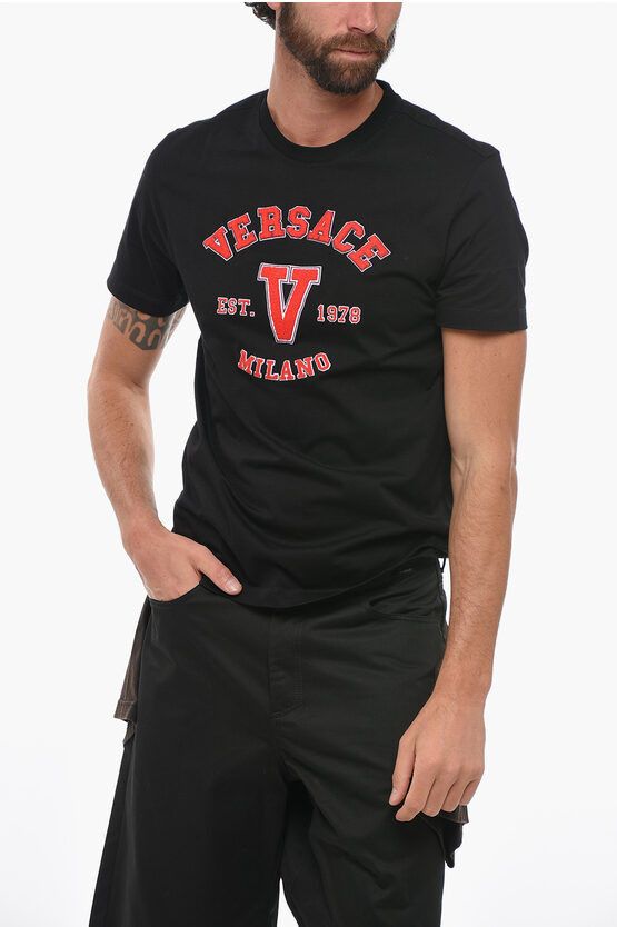image of Versace Cotton Est 1978 T-Shirt With Terry Patch in Black, Men's (Size Small)